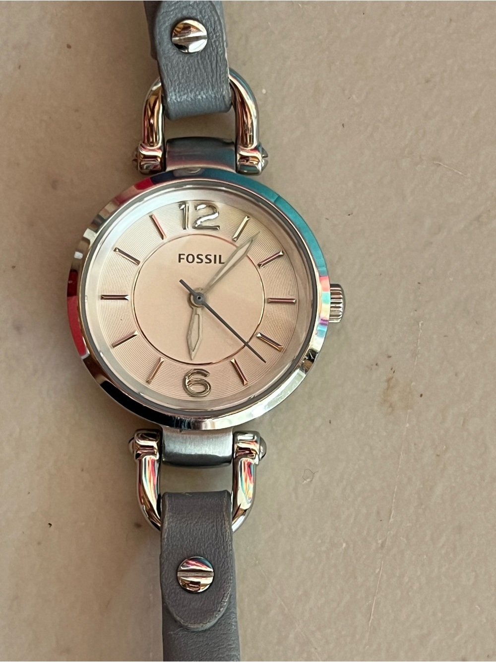 Fossil Women’s Silver Case Cream Dial Gray Leather Strap Watch